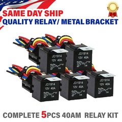 5 Pack 12V 30/40 Amp 5Pin SPST Automotive Relay w/Wires & Harness Socket Set