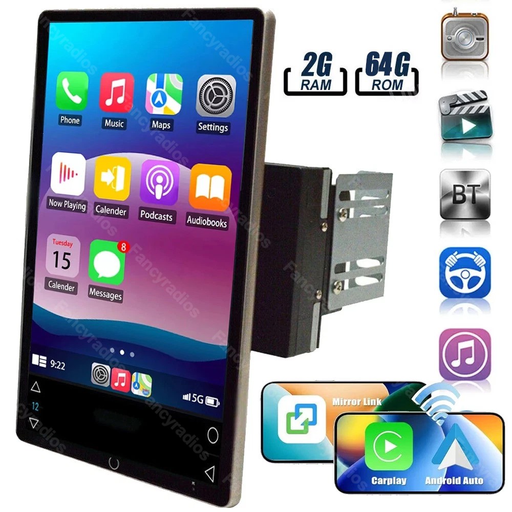 10.1” Rotatable Android 15 Apple Carplay Car Stereo Radio 2DIN GPS Wifi 64GB