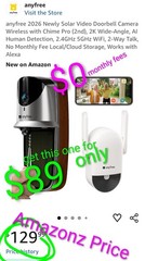 Wireless Solar Video Doorbell Camera Chime Pro, 2K Wide-Angle,WiFi,NO FEES,Alexa