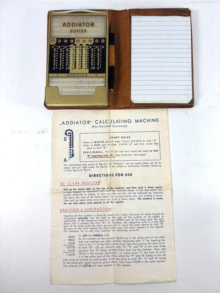 Vintage Addiator Duplex Calculator Original Case With Stylus And Instructions