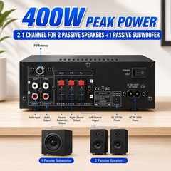 Bluetooth 5.0 Stereo Amplifier, 2.1 Channel 400W Home Audio Stereo Receiver for