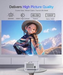 Smart Projector with 4K 8K Support, Android 14 Mini Projector with WiFi6 Silver