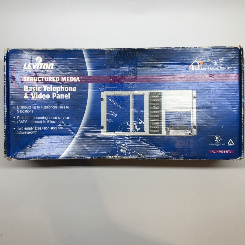 Leviton Compact 1×4 Bridged Telephone, 4 Data & 6-Way TV Panel 47603-BTV
