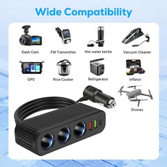 120W 3-Socket Car Cigarette Lighter Splitter Adapter QC3.0/USB3.1A/PD Ports 12V