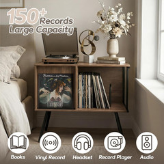 Mid Century Flip Top Record Player Stand – Holds 150+ Albums, Walnut Finish