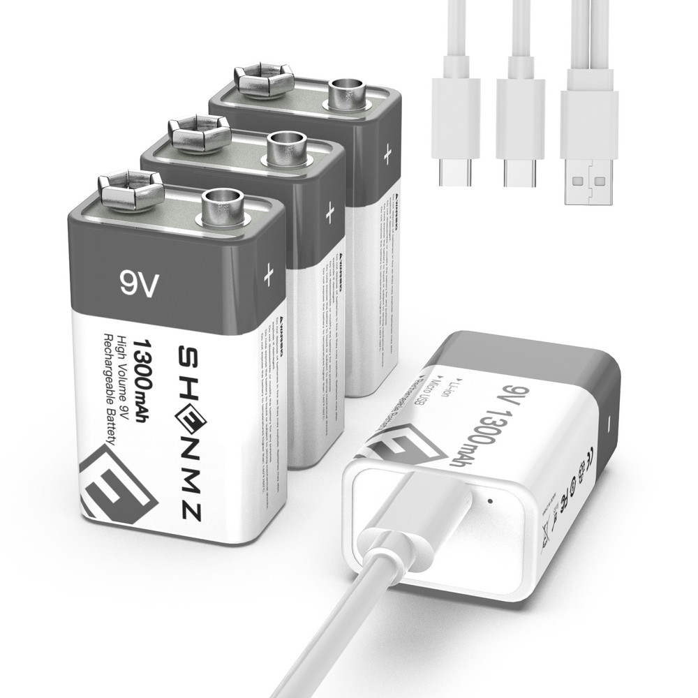 4-Count 9 Volt Battery 9V Block Rechargeable Batteries 1300mAh smoke detectors