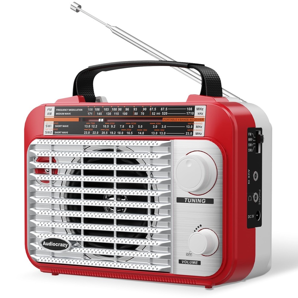 AM/FM/SW1-2 Radio Shortwave Transistor AC or Battery Operated Red+White