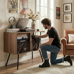 Mid Century Flip Top Record Player Stand – Holds 150+ Albums, Walnut Finish