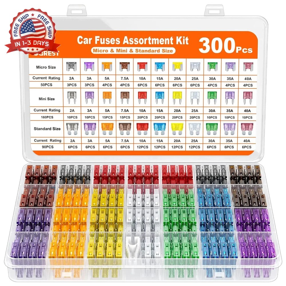 JOREST 300Pcs Car Fuse Assortment Kit, 160 Mini Blade Fuses Automotive + 90 Stan