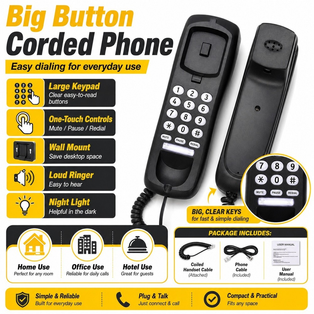 Wall Mountable Black Corded Landline Telephone Desk Phone Home Office Wired