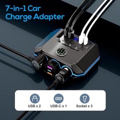 7-in-1 Car Cigarette Lighter Socket 3-USB Charger Splitter Outlet Power Adapter