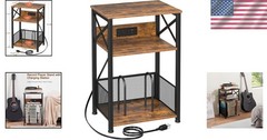 Rustic Brown Turntable Stand with Storage for Over 100 Records & USB Charging