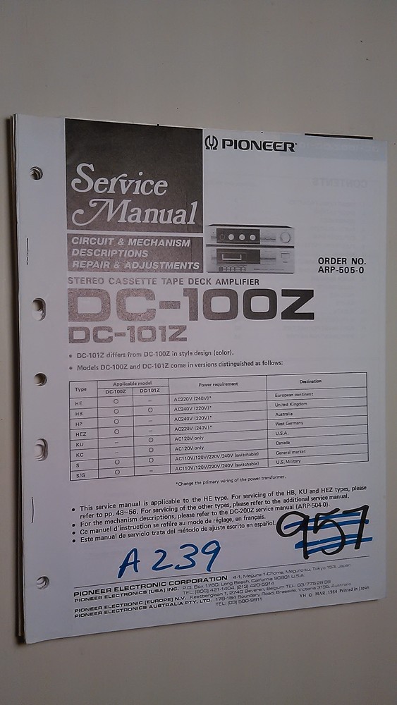 Pioneer dc-100z 101z service manual original repair book stereo tape deck player
