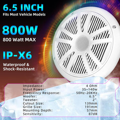 800W 6.5 Inch Marine Speakers – 2 Way Waterproof UV Weather Resistant Outdoor St