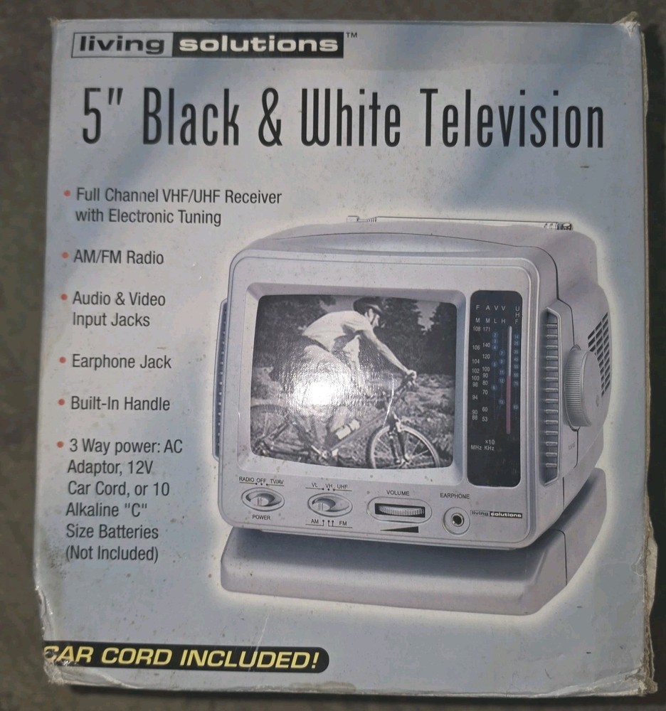 Vintage Living Solutions 5″ Black White Portable TV AM FM Radio NOS ATC-032