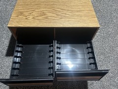 Woodgrain VHS movie tape Storage Box Cabinet w/ 2 Pull-Out Drawers, Brown/Black