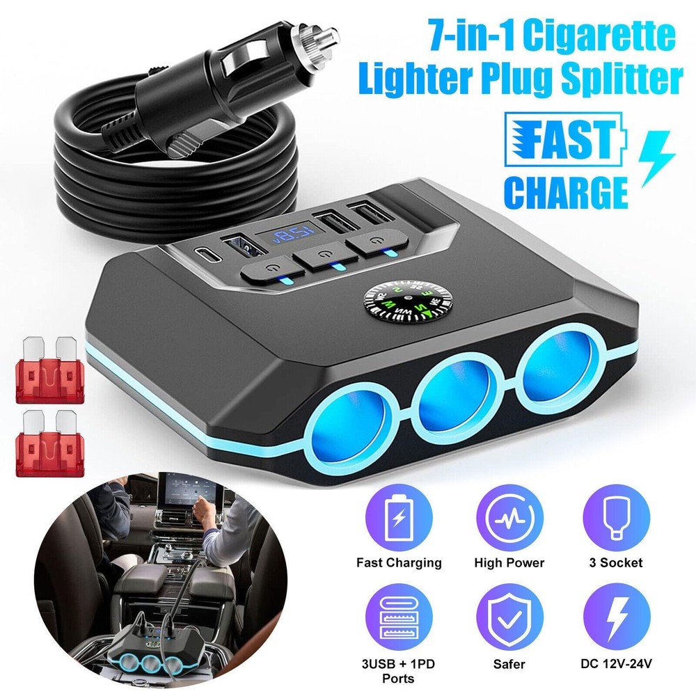 7-in-1 Car Cigarette Lighter Socket 3-USB Charger Splitter Outlet Power Adapter