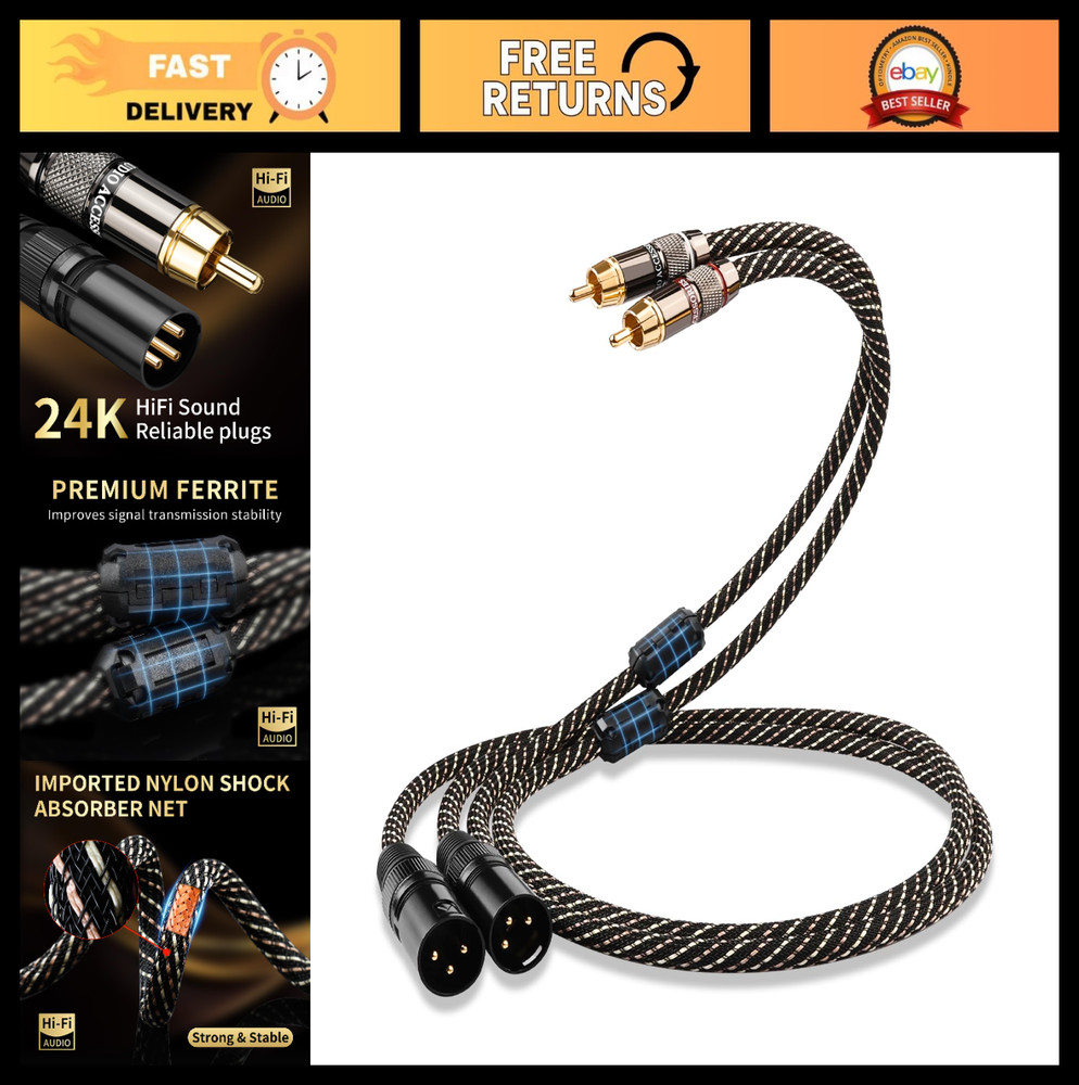 High-Quality 4.92ft RCA to XLR Male Audio Cable – 2 Pack, Gold-Plated, Nylon Bra