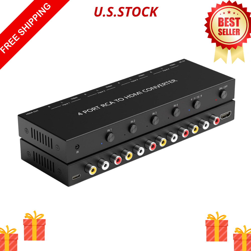 NEW 4 Port RCA to HDMI Converter 1080P AV CVBS Switch 4:3 16:9 Remote