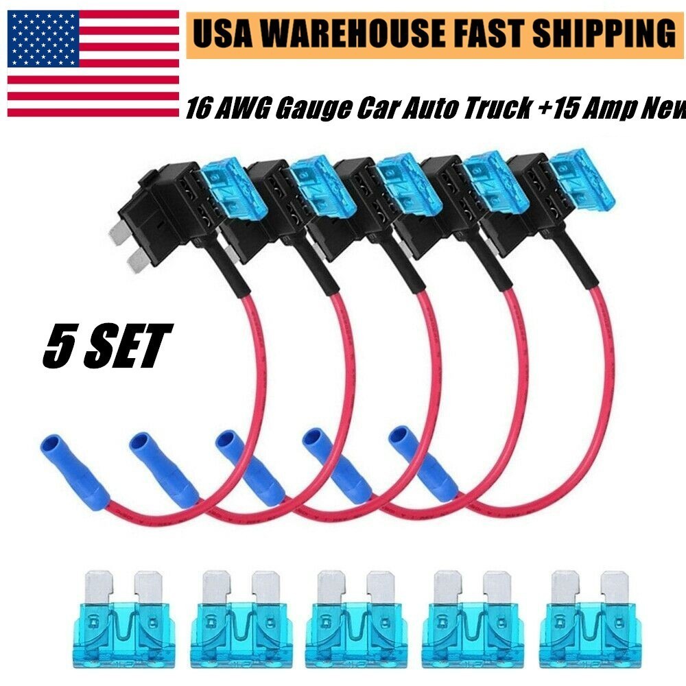 5 Sets Add-A-Circuit Fuse Tap Adapter 12V & Standard ATC ATO Blade Fuses 15 Amp
