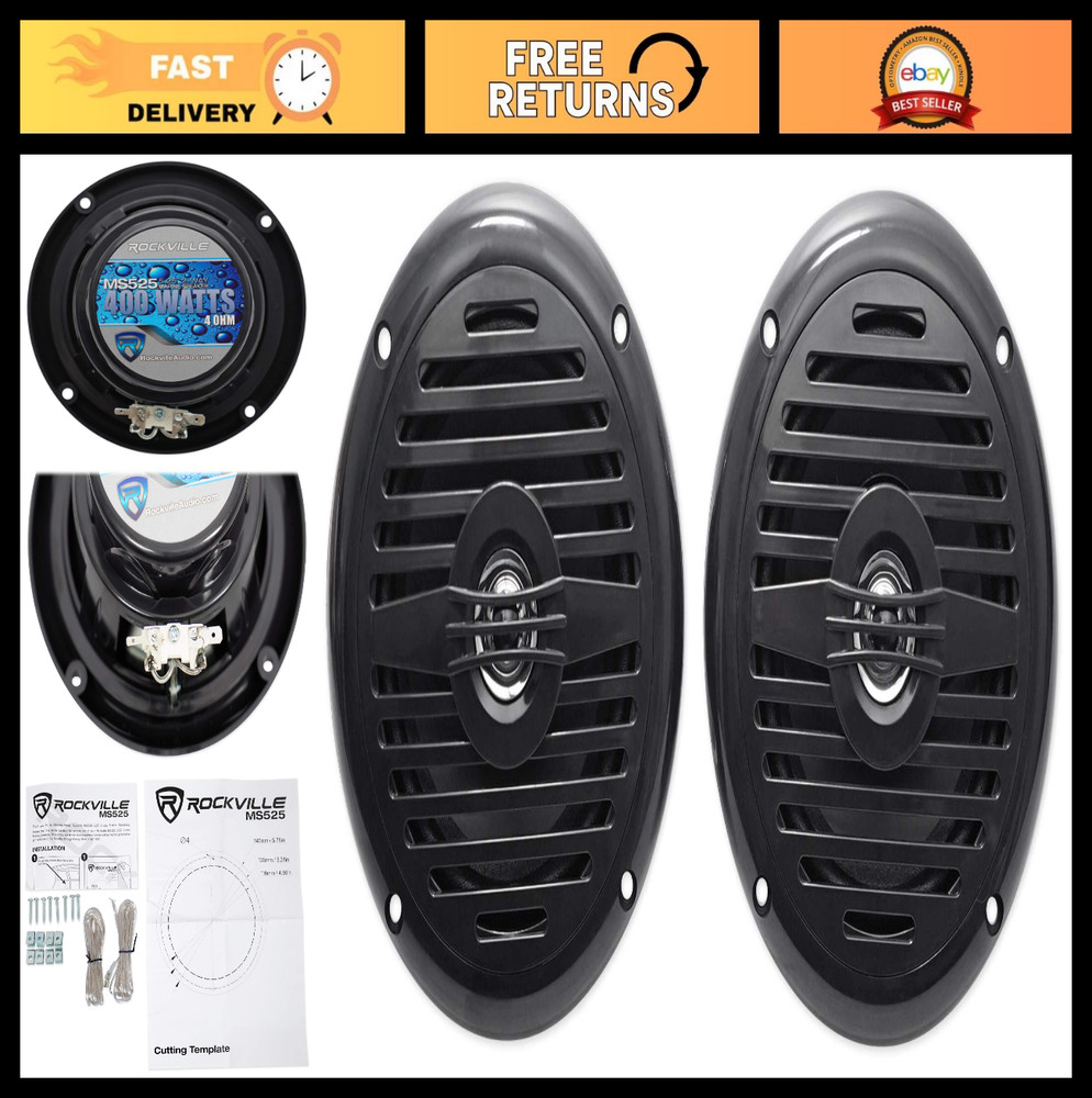5.25″ Waterproof Marine Boat Speakers, 400W, Durable ABS Grill, 4 Ohm, 87dB Sens