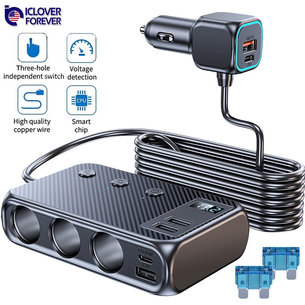 9 in 1 Car Cigarette Lighter Socket Splitter USB C Fast Charging Power Adapter