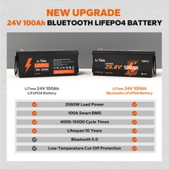 Litime 24V 100Ah Bluetooth 5.0 Low Temp LiFePO4 Lithium Battery For Solar Marine