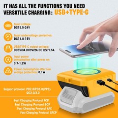 For Dewalt 20V Batteries Wireless Charger Adapter W/2-Port USB Type-C Port