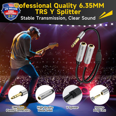 2-Pack 1/4 inch TRS Stereo Splitter Y Adapter, 6.35mm Stereo Male to Dual 6.35 m