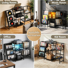 LED Record Player Stand with Storage for 300 Albums – Black Vinyl Shelf