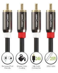 FosPower 2x 25FT Dual Layer 2 RCA to RCA L/R Male Stereo Audio Cable Cord Plug