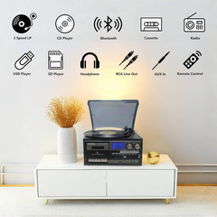 10-in-1 Vintage Vinyl Record Player with Bluetooth, CD, Cassette & Radio
