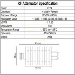 N Type Coaxial Attenuator 25W 50Ω 0-3GHz/4GHz 1/2/3/5/6/10/15/20/25/30/40/50dB