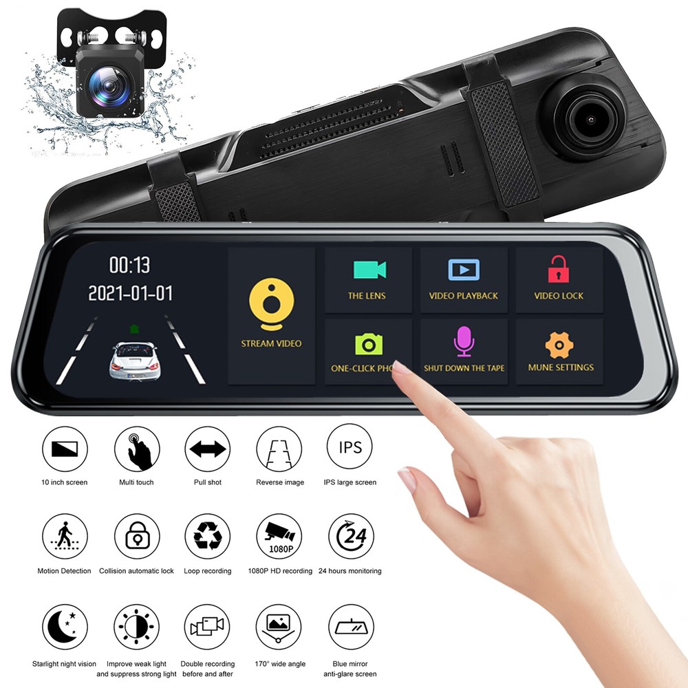 4K 10″ Dual Dash Cam Car Rear Mirror View Backup Dual Camera Night Vision IPS