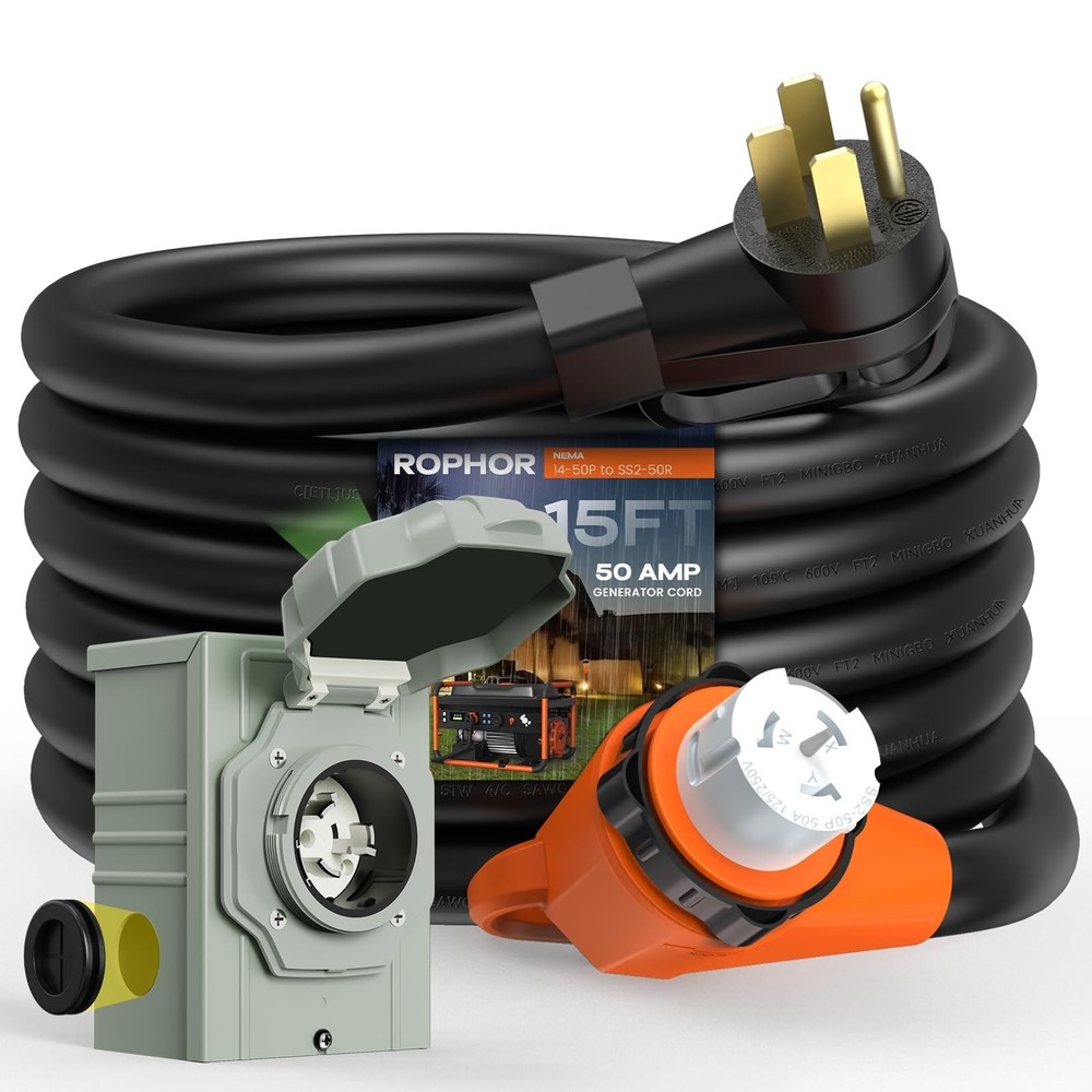 50 Amp Generator Cord and Pre-Drilled Power Inlet Box, 15FT Heavy Duty NEMA 1…