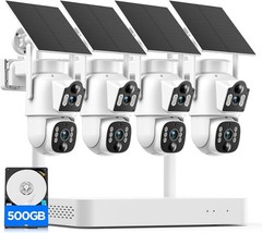 Dual Lens Solar Security Camera System Home Wireless Outdoor 4PC 10CH NVR 500GB