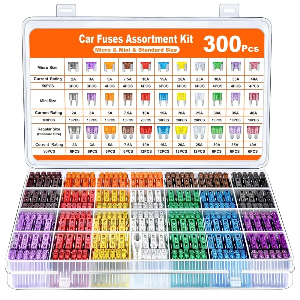 300Pcs Car Fuse Assortment Kit 160 Mini Blade + 90 Standard Automotive Fuses