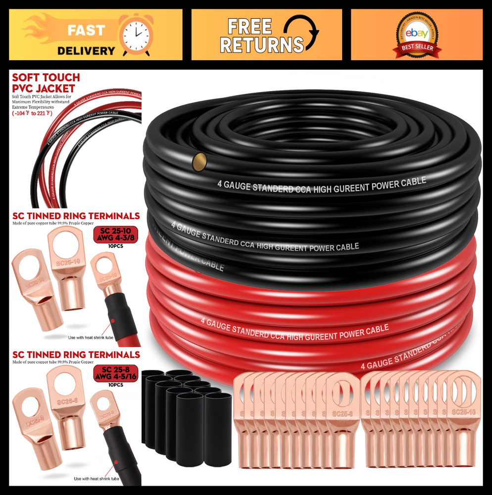 50FT 4 Gauge Power & Ground Cable – Black/Red Copper Clad Aluminum with Lugs & H