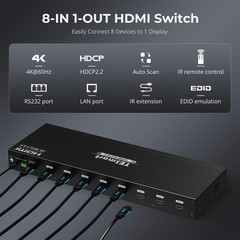 TESmart 8×1 HDMI Switch 8 in 1 Out 4K @ 60Hz HDCP with 19-inch Rack-Ears RS-232