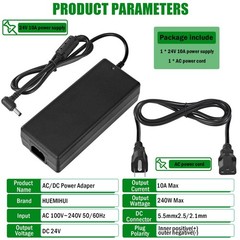 24V 10A Power Supply Adapter, AC 100-240V to DC 24Volt 10Amp 240W Black