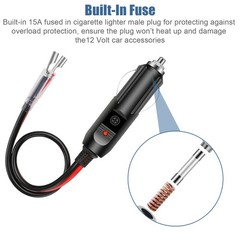 2* Built-in 15A Fused Car Cigarette LED Lighter Adapter Power Male Plug W/ Leads