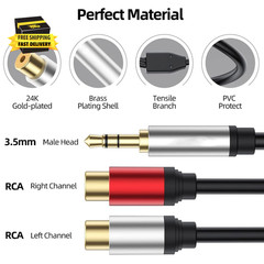 Aux to 2 RCA Cable 1Ft, RCA Female to 3.5Mm Male Cable Gold Plated 1/8 Jack Ster