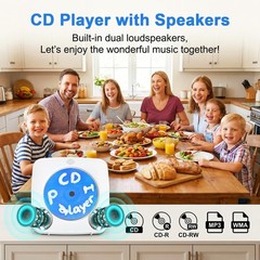Portable Bluetooth CD Player with 1800mAh Battery, Wall Mountable, FM Radio, Spe