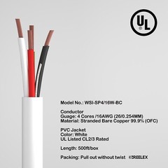 16AWG Speaker Wire 16 Gauge Oxygen-Free OFC UL CL2/3 Rated Cable 500FT 2/16 4/16