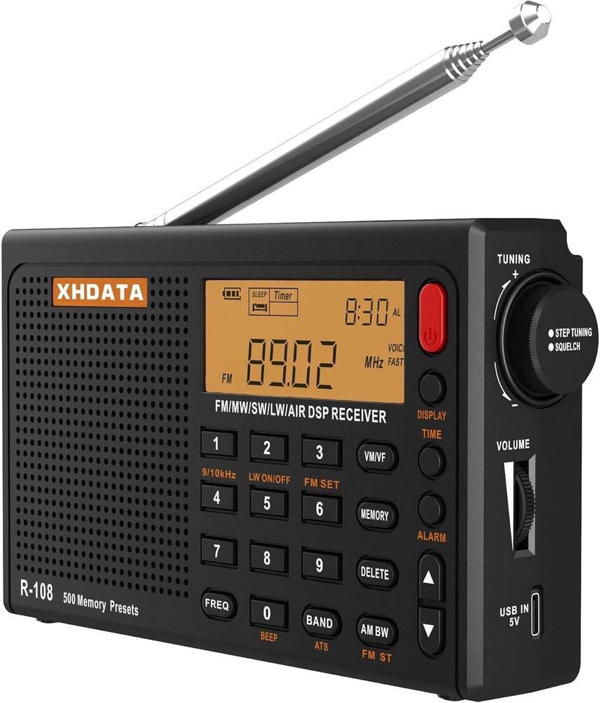 XHDATA R108 Portable Radio AM/FM/SW/LW/Airband Shortwave Receiver with Battery