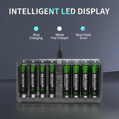 BEVIGOR AA AAA Battery Charger 8 Bay for NiMH NiCD Rechargeable Transparent