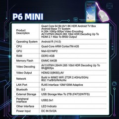 WE2USAT P6 Mini Android 14 TV Box, 4GB RAM 64GB ROM, with WiFi 6, 8K Ultra HD