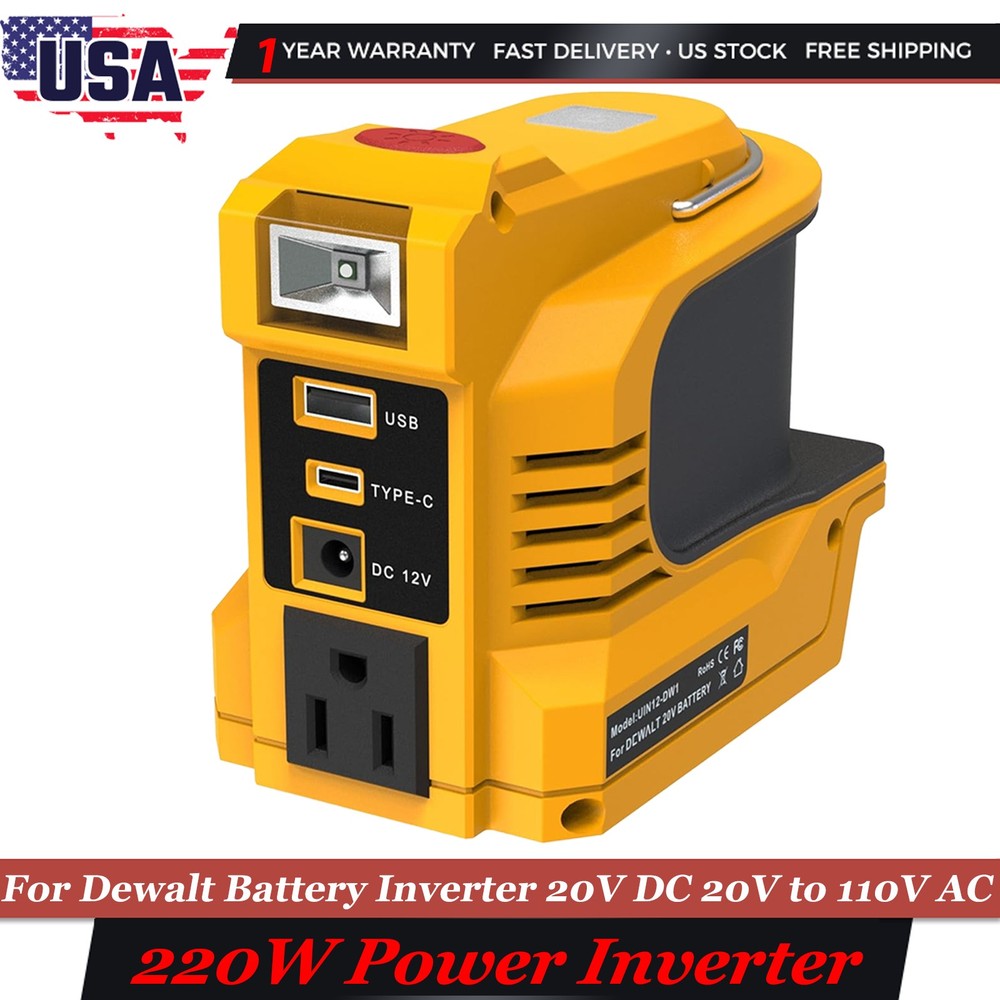 200W Portable Power Inverter For DeWALT 20V Battery, DC 20V to AC 110V LED Light