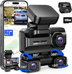 Dash Cam 4 Channel 360° Front Rear Inside DashCam, FHD 1080P Car Camera 128GB