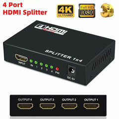 HD 4K 4 Port HDMI Splitter 1×4 Repeater Amplifier 1080P 3D Hub 1 In 4 Out